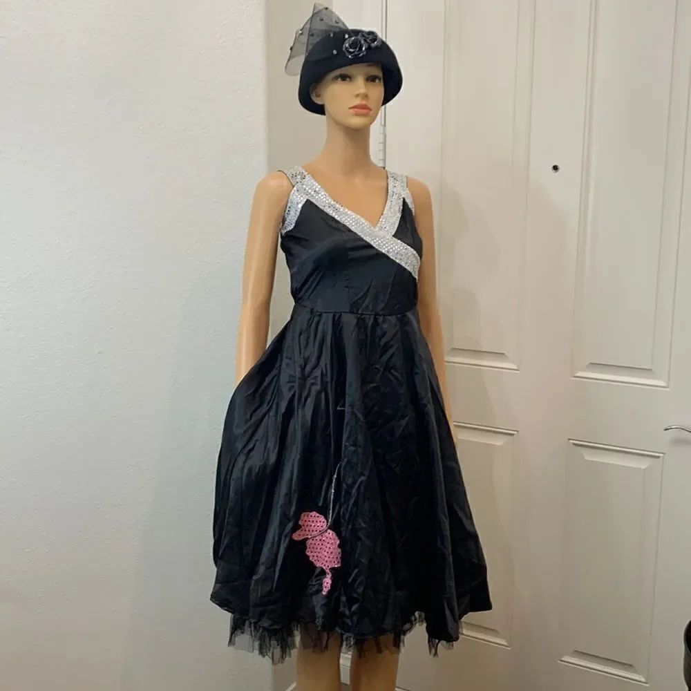 Pink Poodle Skirt V Neck Dress Size Small Silver Sequin Leash 💯% Polyester